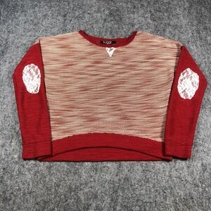 Sugar Rush Sweater Womens Medium Red Beige Hi-Low Lace Elbow Patch Pullover Knit